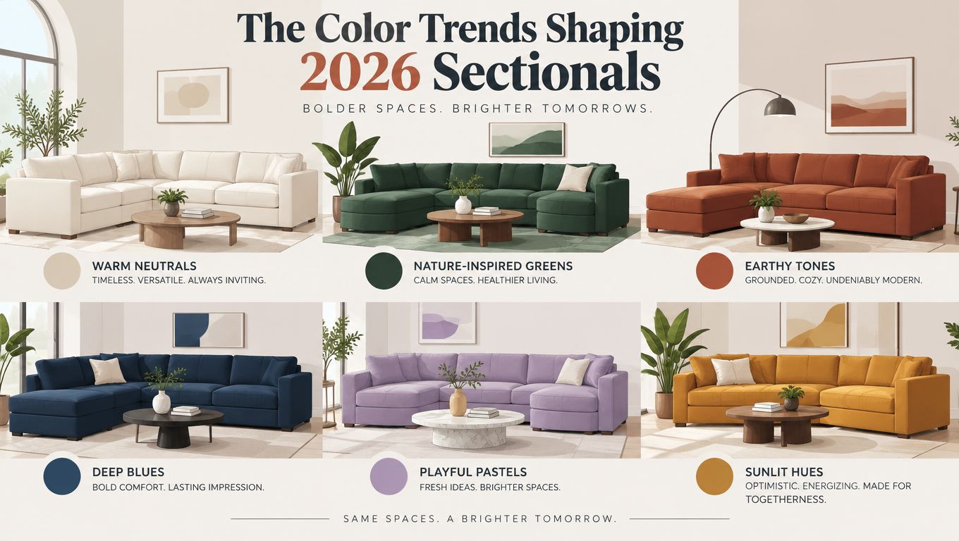 A collage showing six different sectional couches in diverse trending colors for 2026 interior design.
