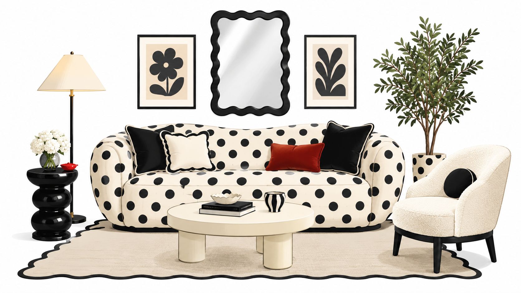 A stylish living room set with a polka dot sofa, cream accent chair, and chic decor accents.