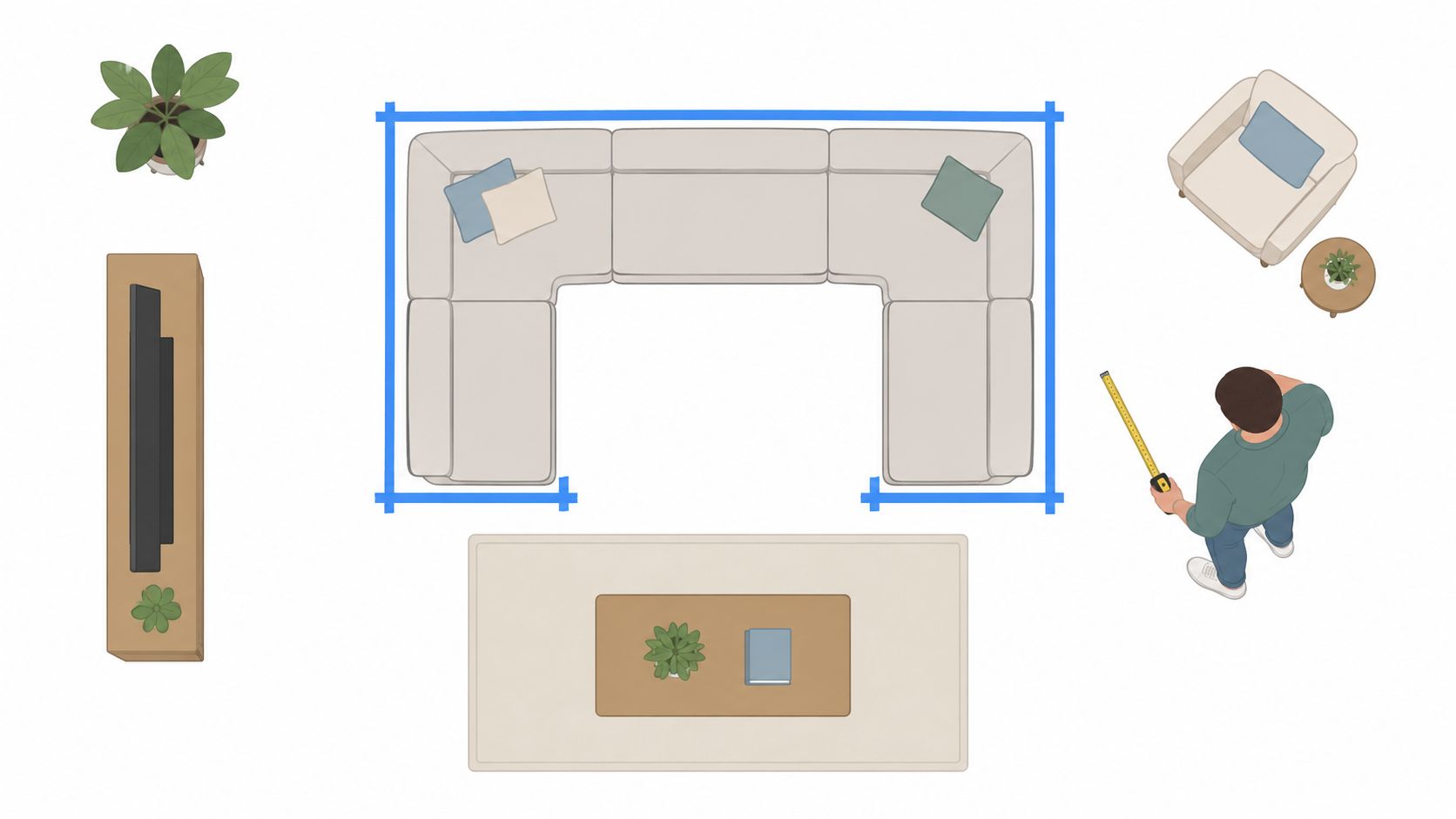 A top-down view of a person using a measuring tape to measure a U-shaped colorful sectional couch.