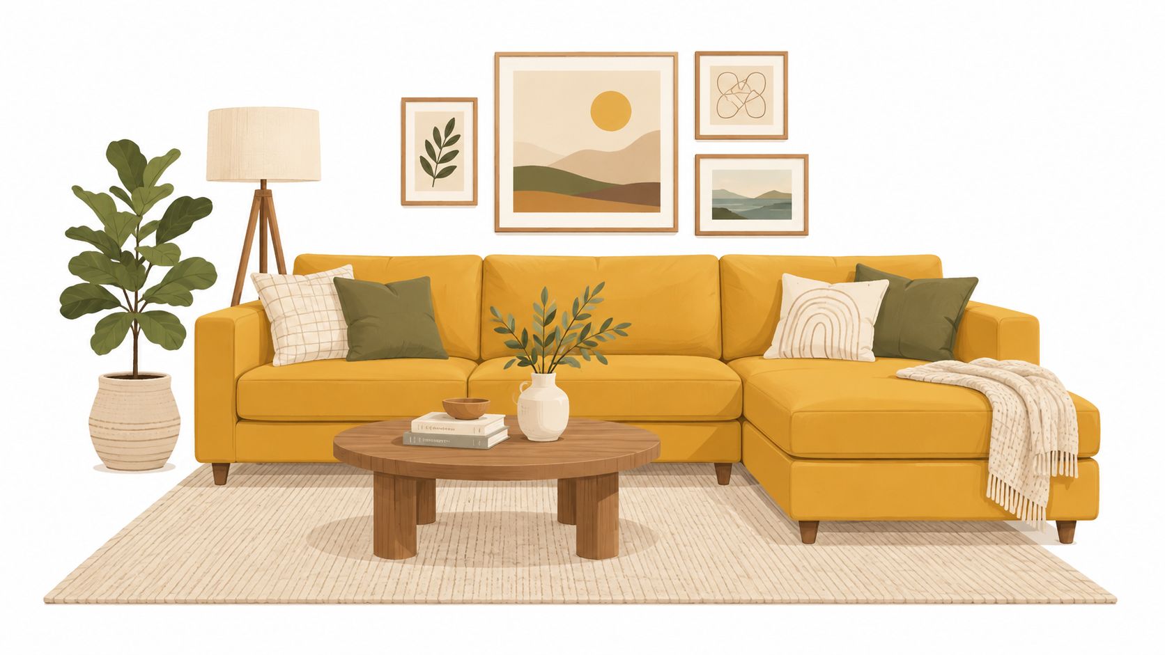 A modern yellow sectional couch with throw pillows placed on a neutral rug in a living room.