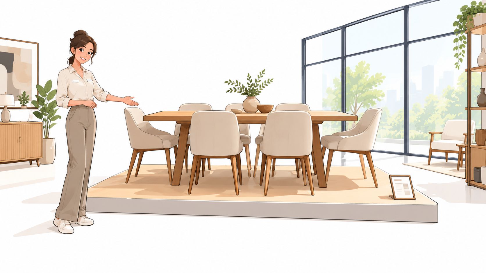 A smiling sales associate gesturing towards a modern contemporary dining table set for six in a showroom.