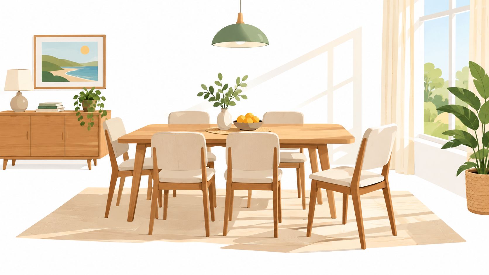 A modern wooden dining table set with six upholstered chairs in a bright, sunlit room with decor.