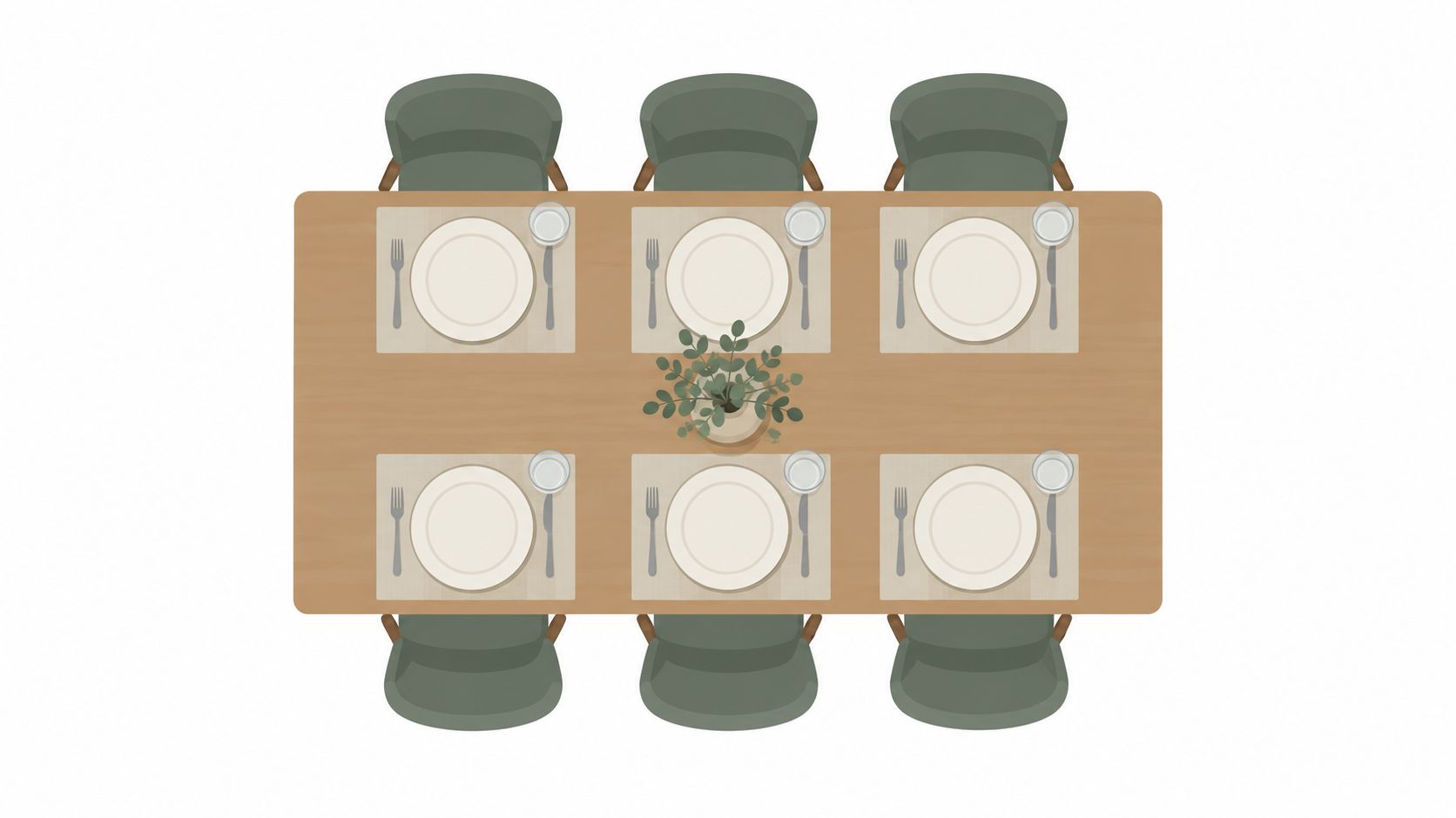 A top-down view of a rectangular wooden dining table set for six people with green chairs.