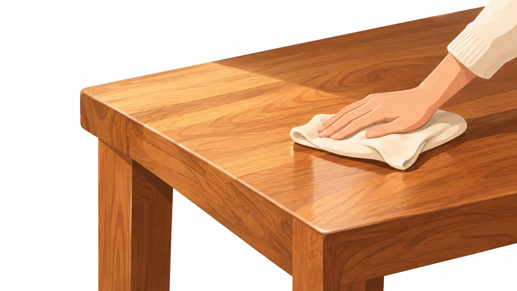 A person wiping a polished wooden dining table with a soft white cloth for maintenance.