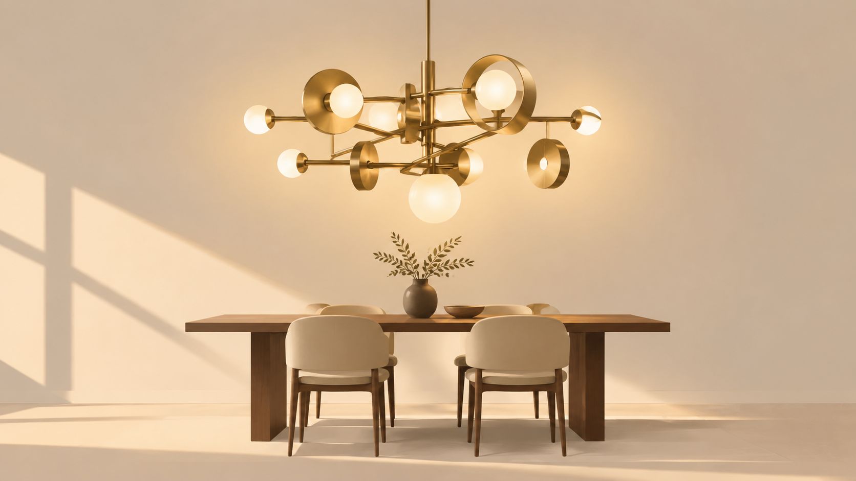 A modern dining room featuring a minimalist wooden table, cream-colored chairs, and an elegant gold chandelier.