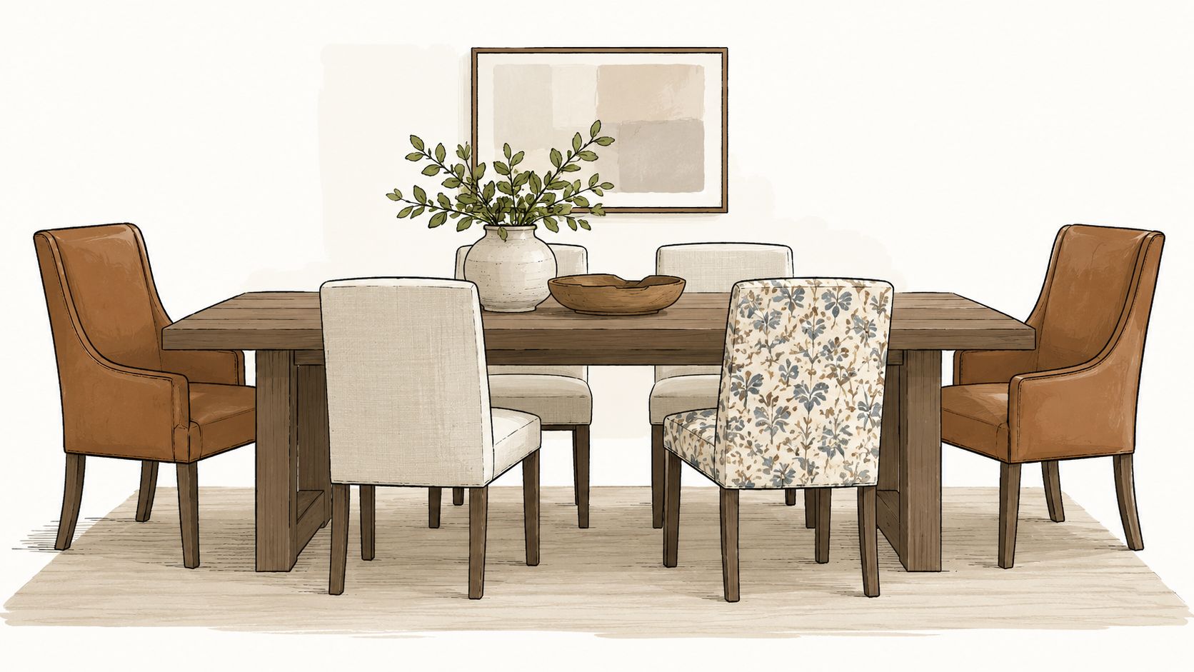 A modern dining room table with a mix of leather and upholstered chairs on a rug.