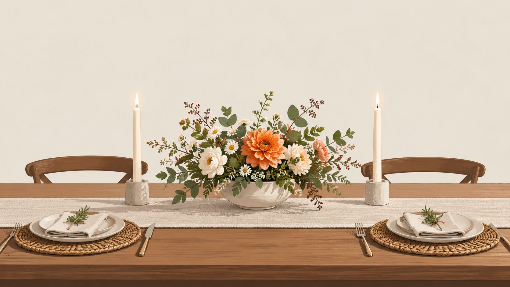 A beautifully set dining table with a floral centerpiece, candles, and rustic place settings for two.