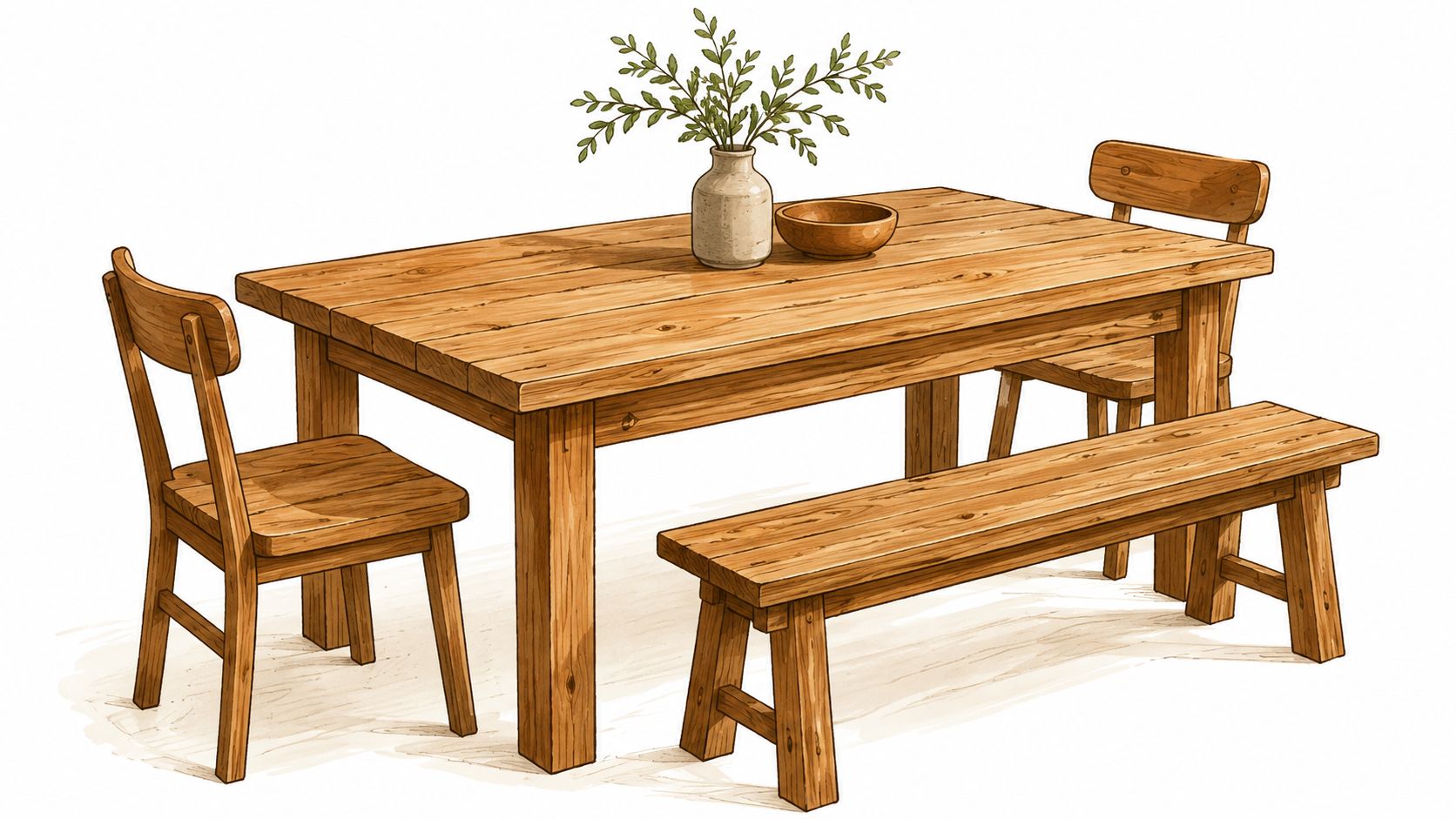 A rustic wooden dining room table set featuring two chairs and a matching bench with a vase.