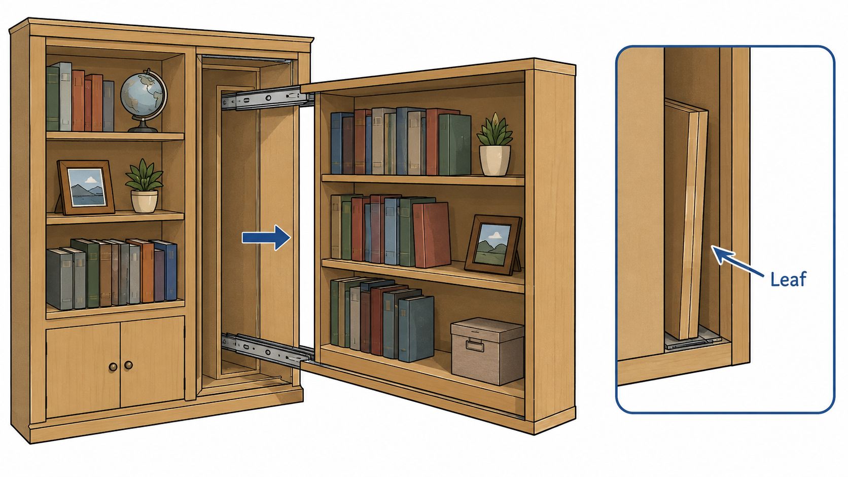 A wooden bookcase wall unit showing a hidden extendable dining table leaf stored inside a compartment.