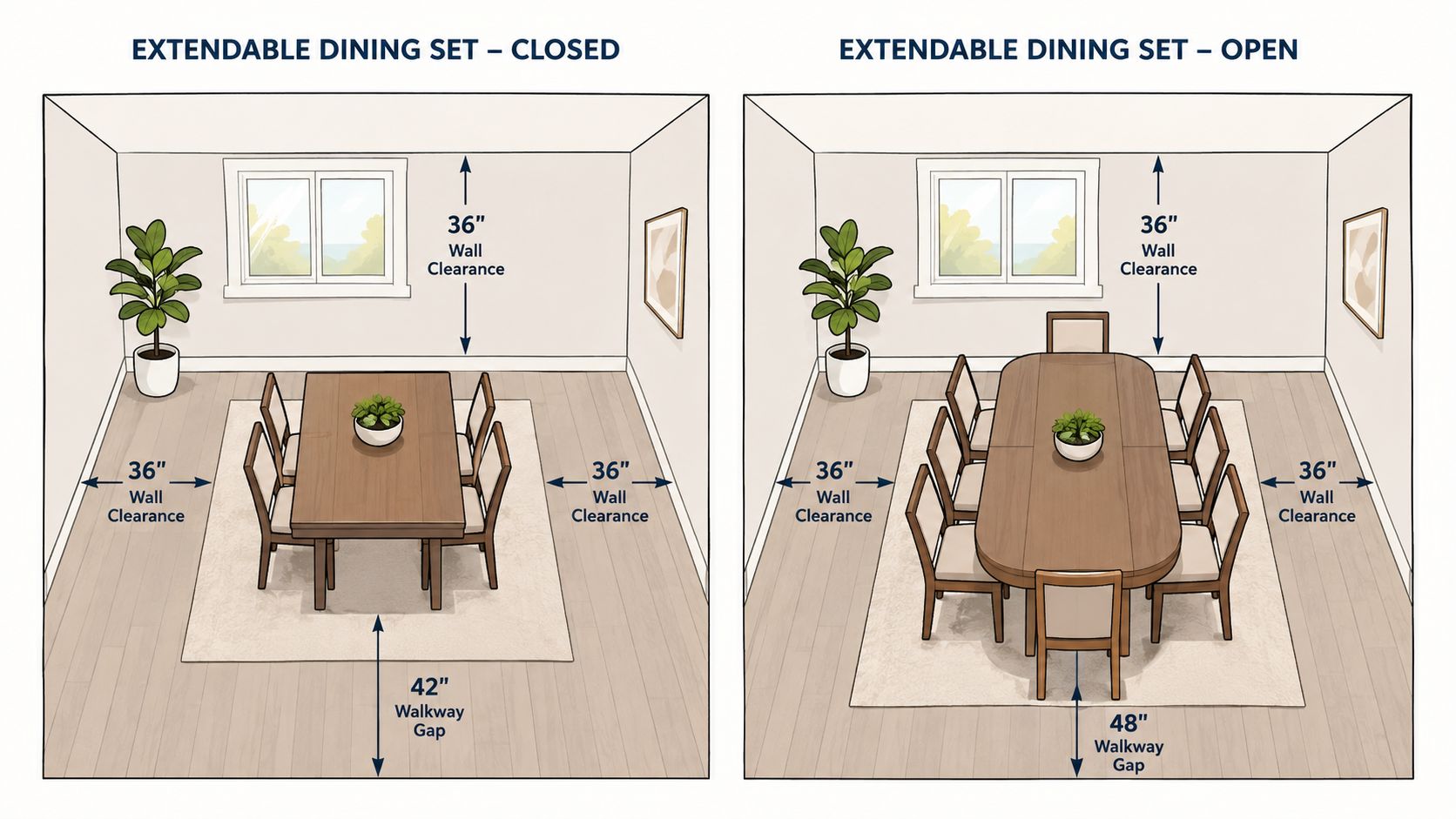 A diagram comparing an extendable dining table set in closed and open positions within a room layout.