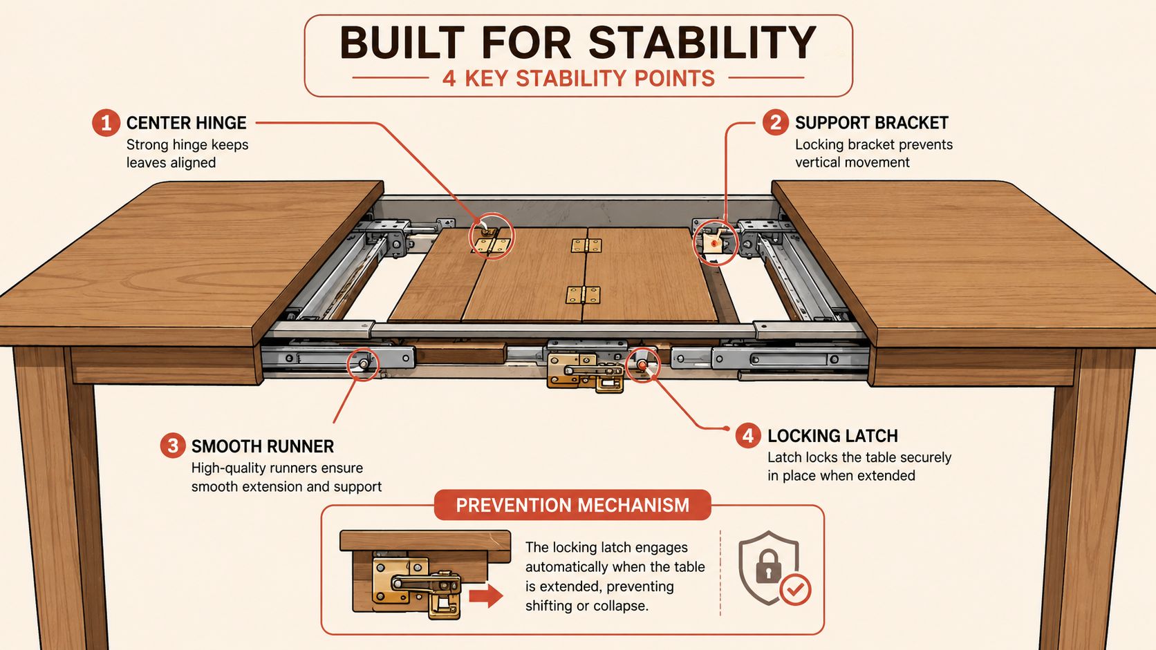 A diagram highlighting the four stability features of an extendable dining table, including hinges, brackets, runners, and locks.