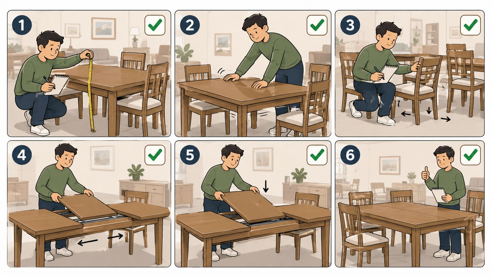 A six-step illustration showing a man measuring, preparing, and extending a wooden extendable dining table.