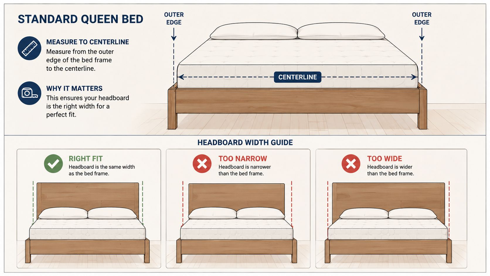 A diagram demonstrating how to correctly measure a bed frame width to select the right size headboard.
