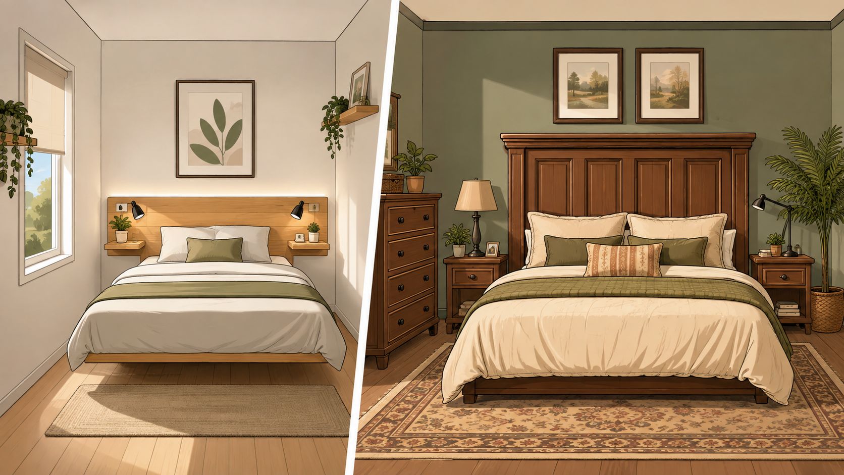 A split-screen comparison showing a modern minimalist bedroom on the left and a traditional rustic bedroom on the right.