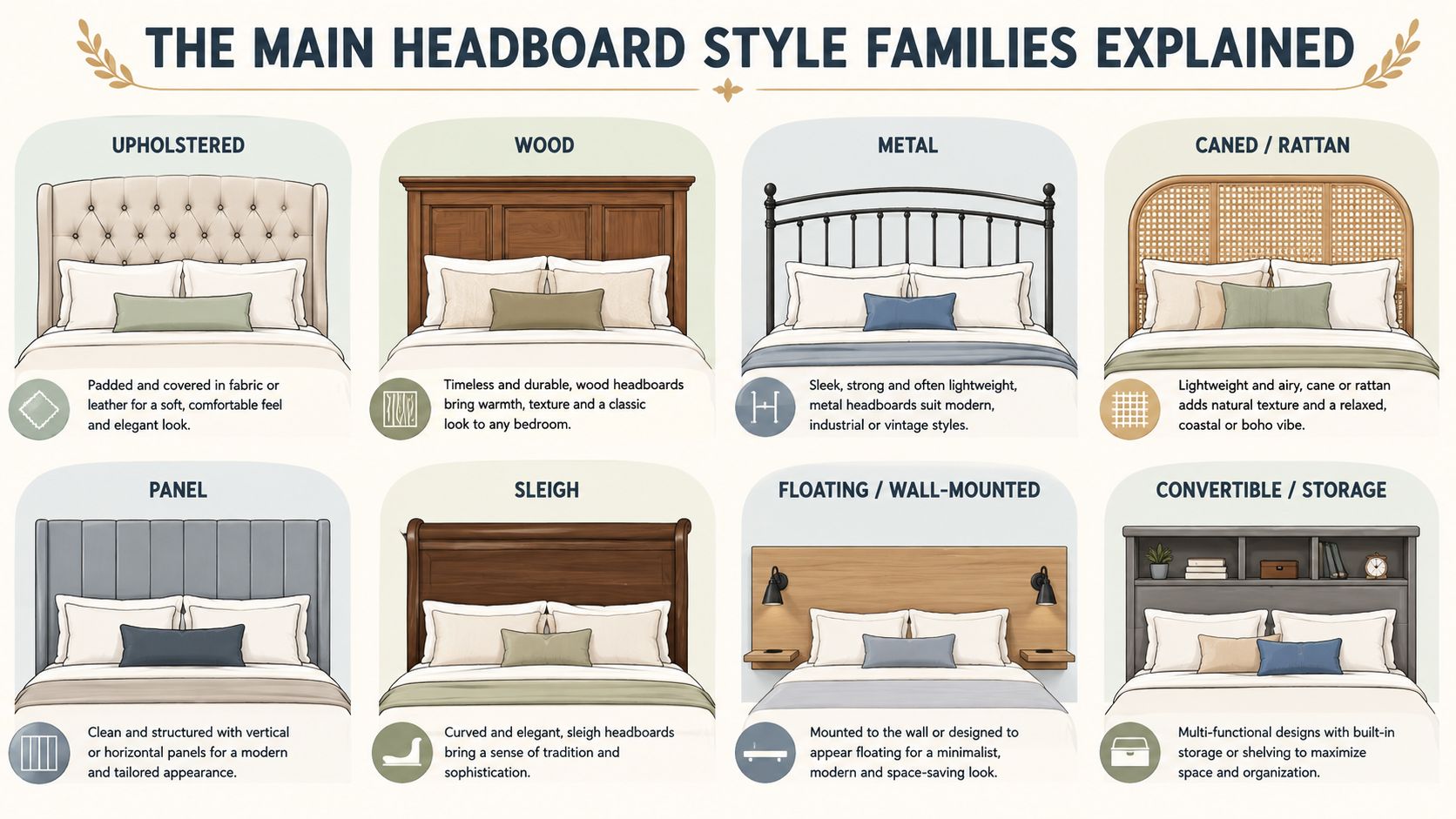An educational infographic displaying various popular headboard styles including upholstered, wood, metal, and storage designs.