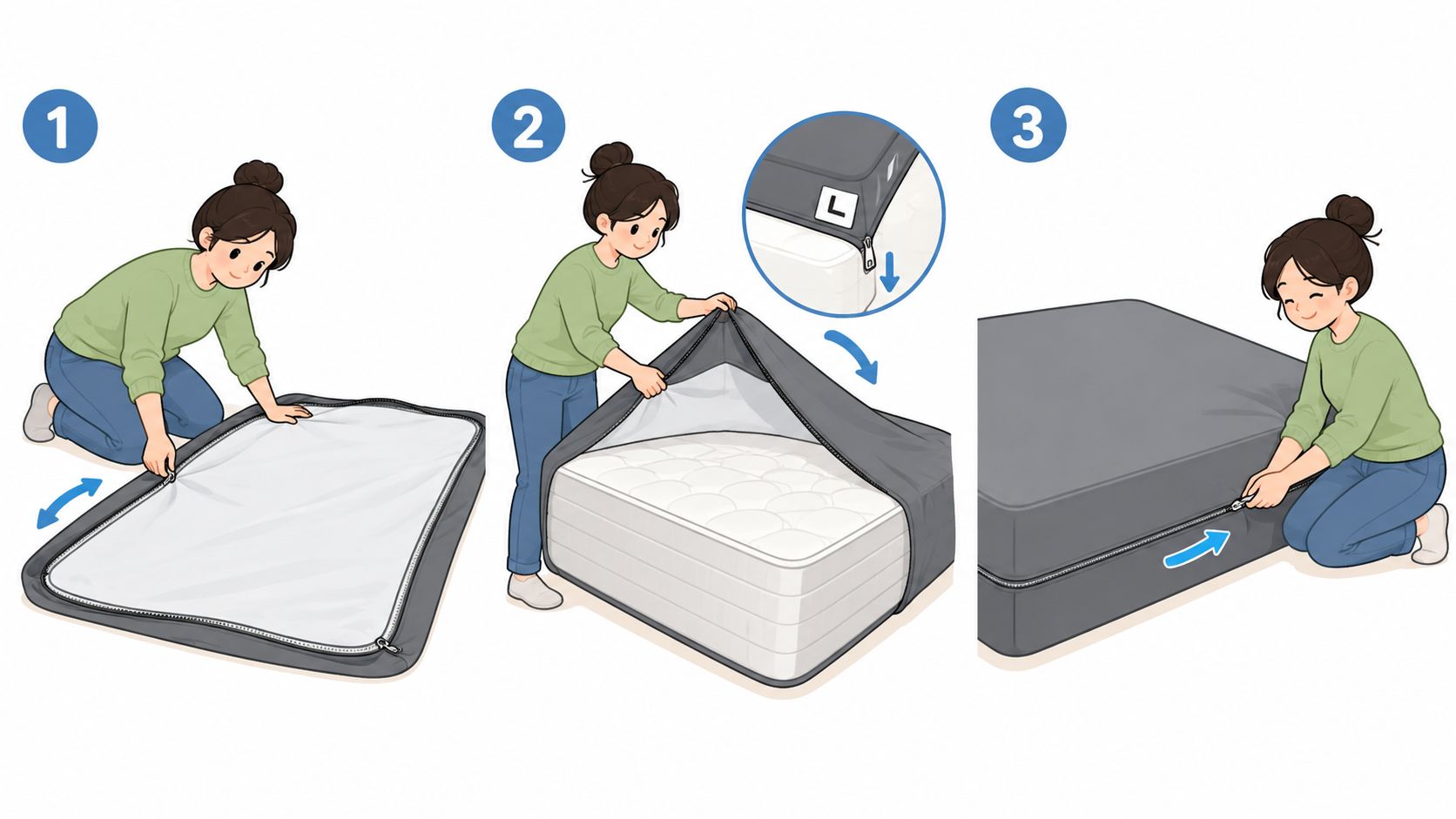 A woman demonstrating how to install a heavy duty mattress cover in three easy steps.