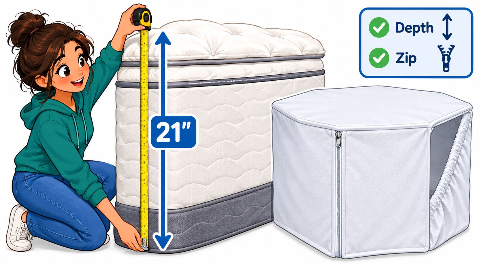 An illustration shows a woman measuring a tall mattress with a measuring tape, next to a zippered cover.