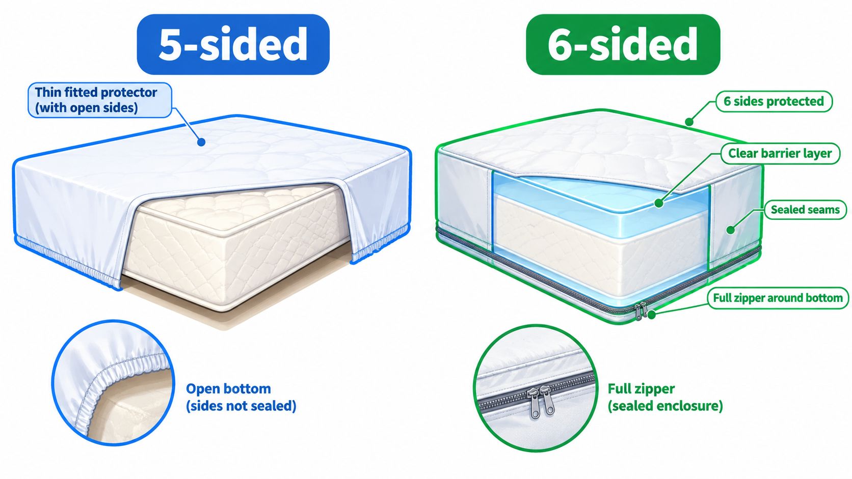 A comparison illustration between a 5-sided fitted mattress protector and a 6-sided zippered encasement mattress protector.