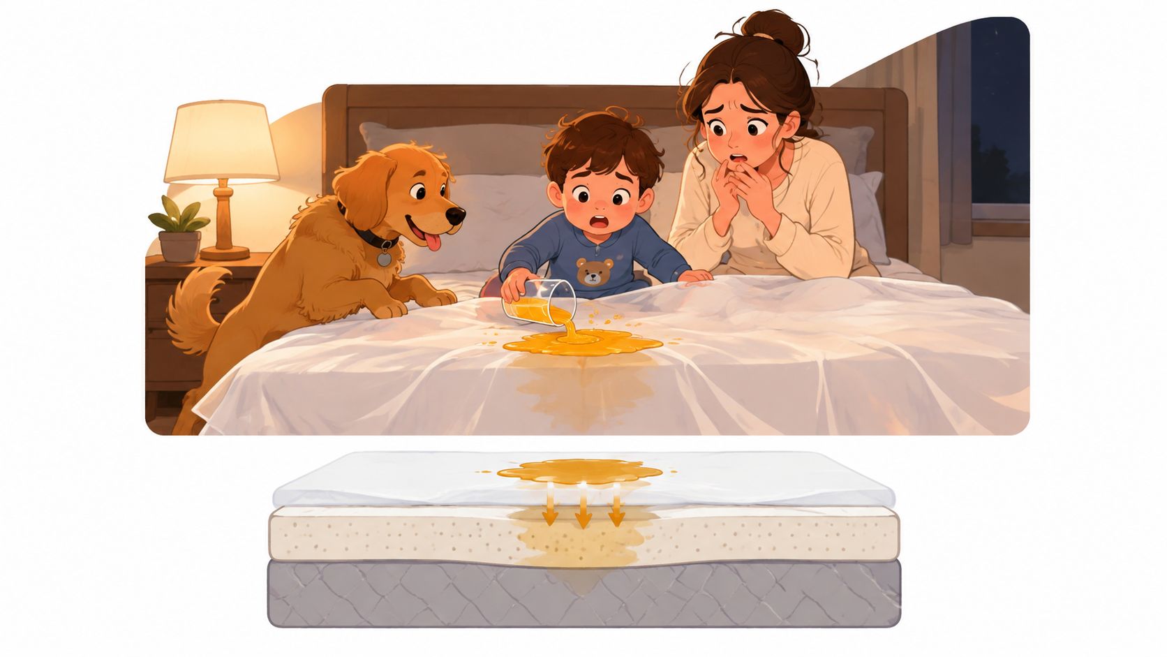 A child spills juice on a bed while a mother and dog look on in surprise.