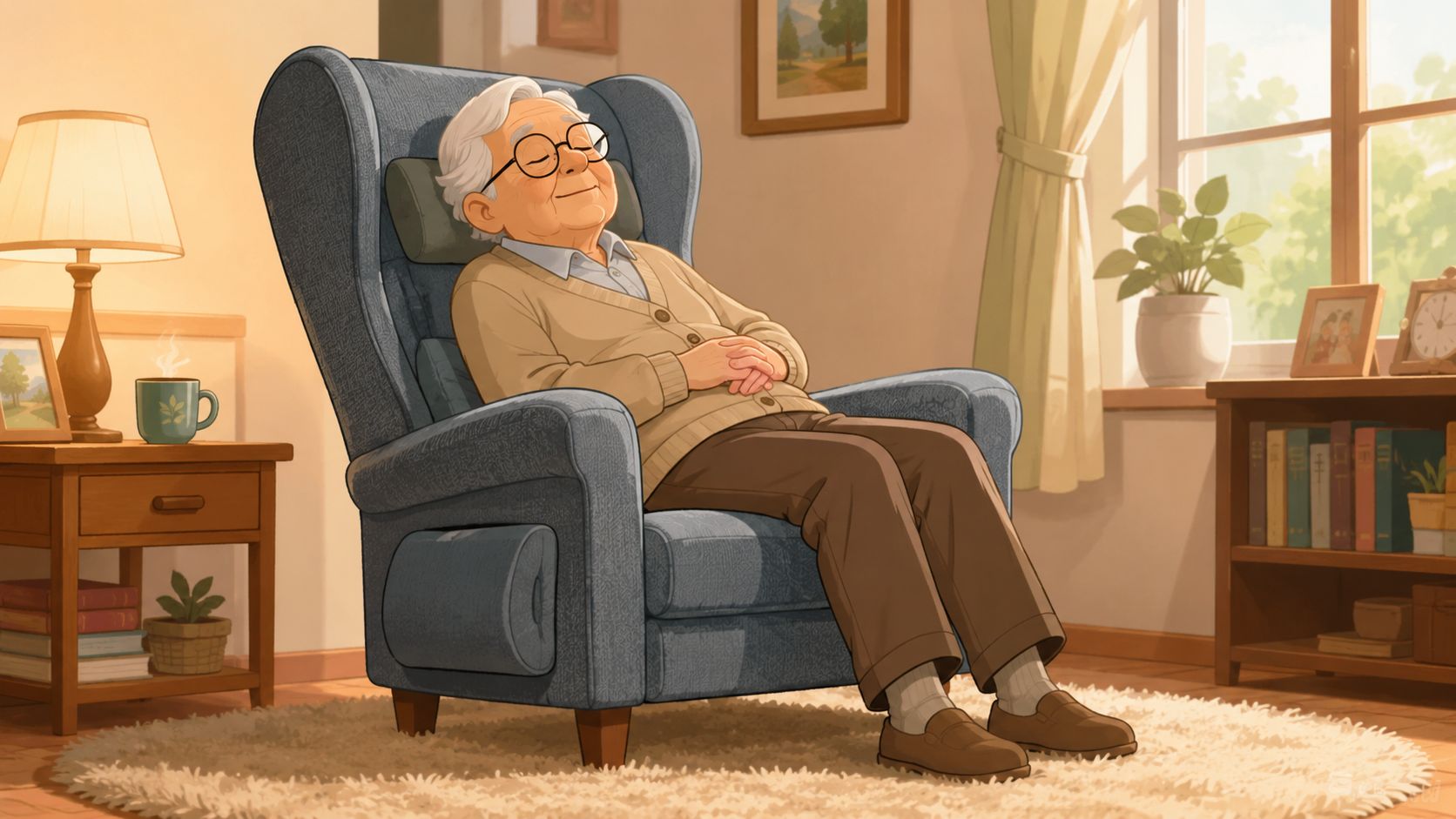 An elderly man with white hair wearing glasses rests peacefully in a comfortable high back armchair.