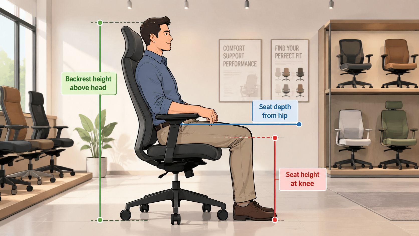 A man demonstrating ergonomic chair adjustments including backrest height, seat depth, and seat height measurements.