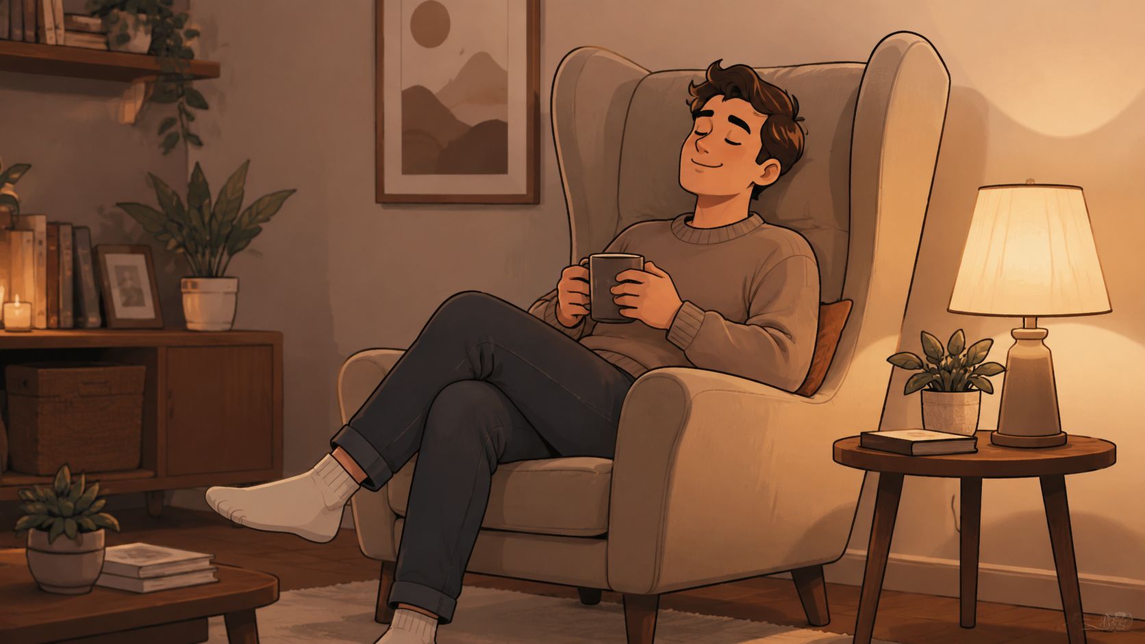 A relaxed man sitting in a comfortable beige high back chair, holding a mug in a cozy room.