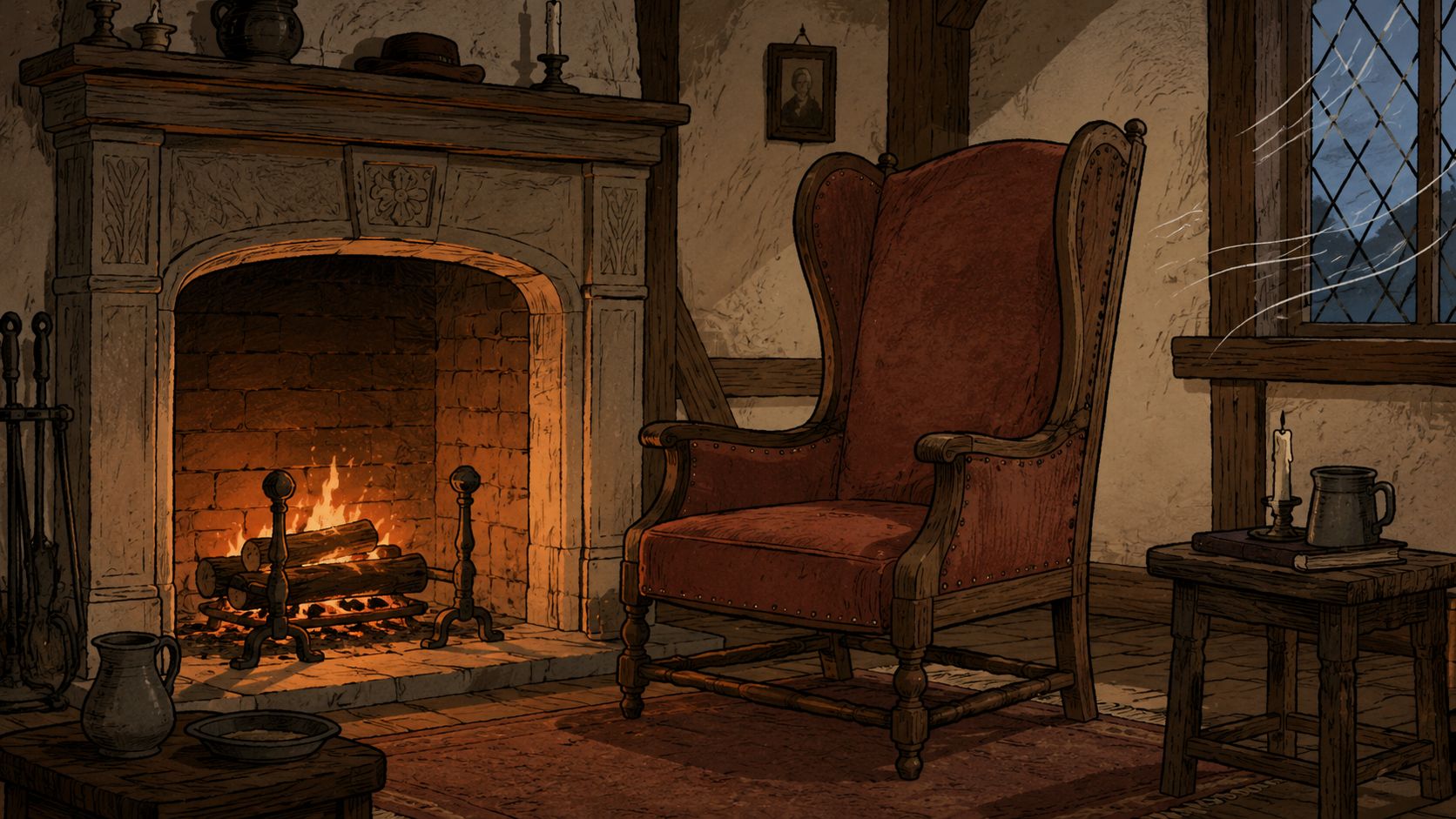 A cozy, traditional rustic living room featuring a warm fireplace and a large red wingback chair.
