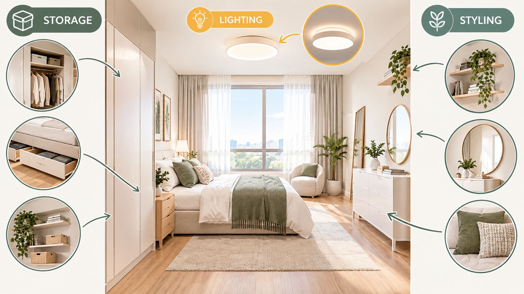 A modern, bright bedroom layout demonstrating storage and interior design styling tips for a small space.