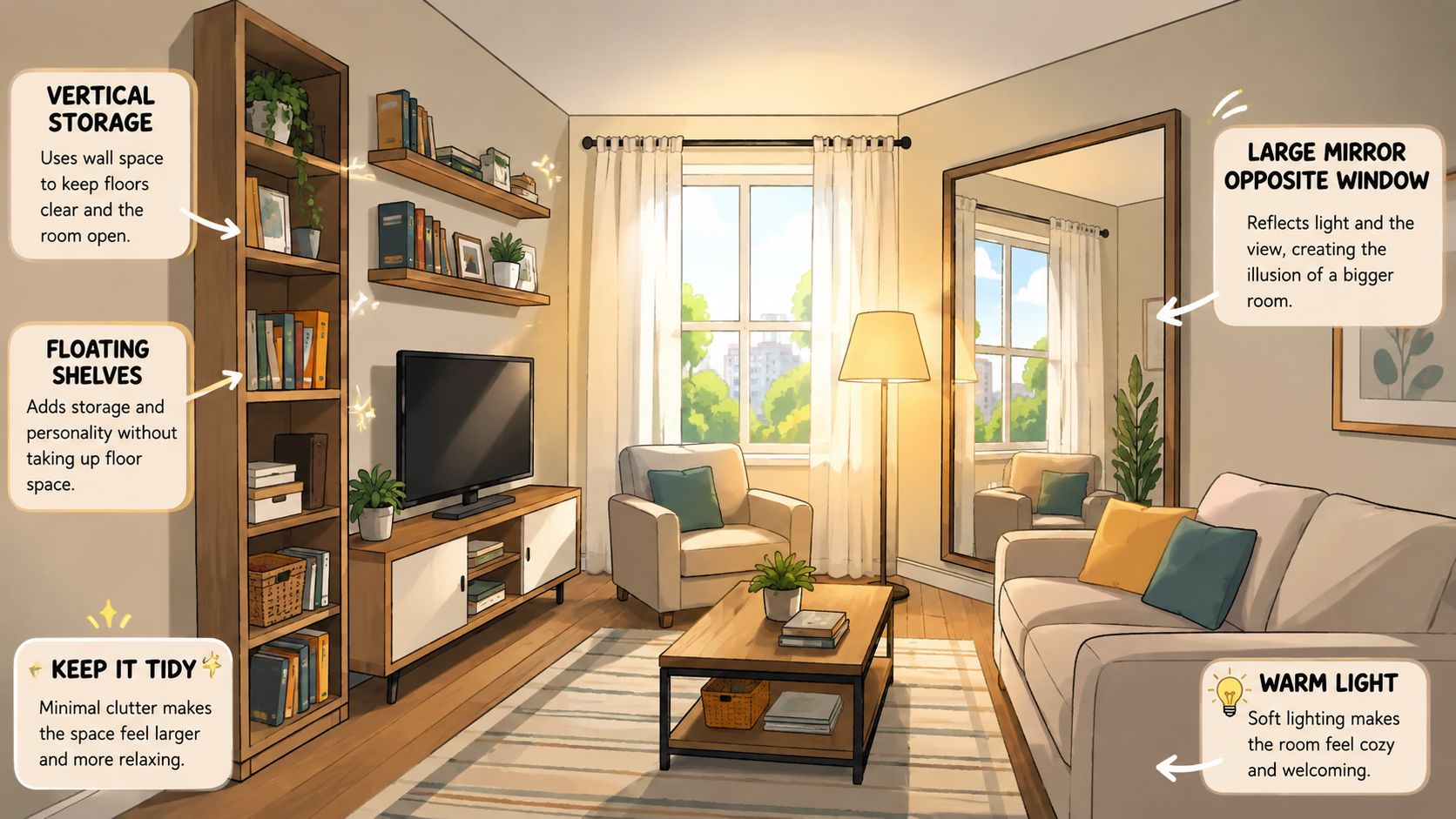 A cozy, bright, and organized living room layout designed with space-saving tips to look larger and welcoming.