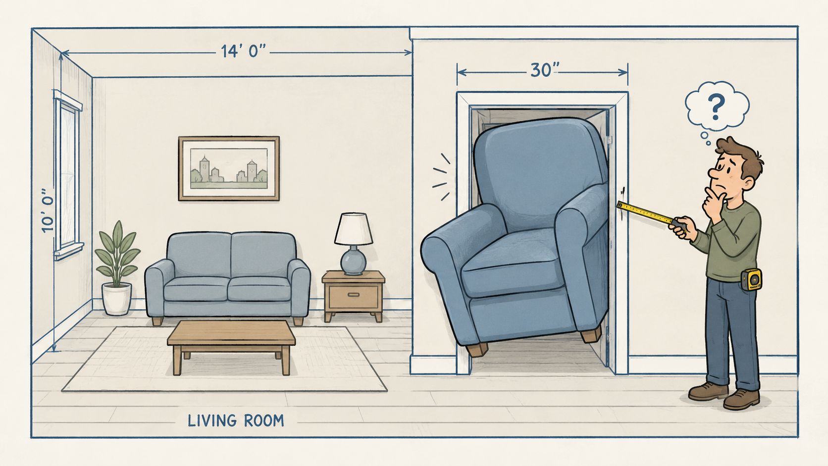 A man measuring a doorway while attempting to move a blue armchair into a small living room.