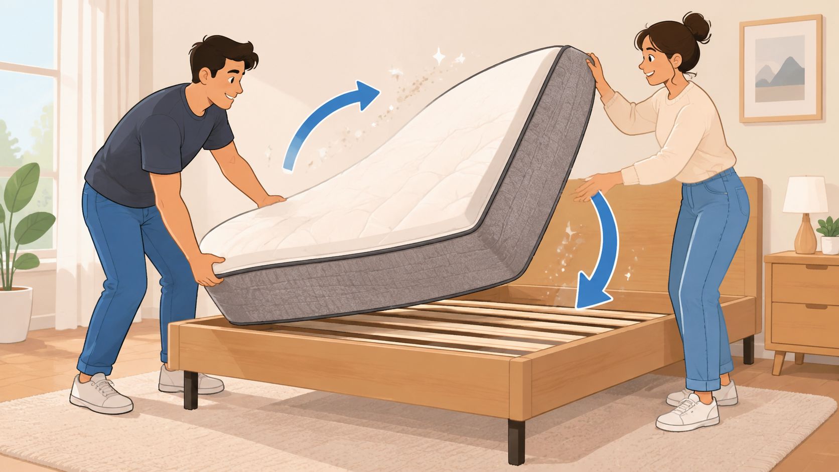 A couple working together to lift and flip a mattress onto a wooden bed frame at home.