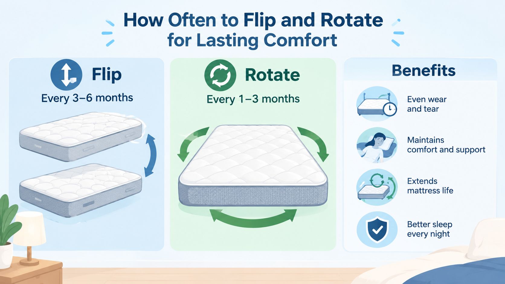 An infographic showing how to flip and rotate a mattress every few months for better comfort.