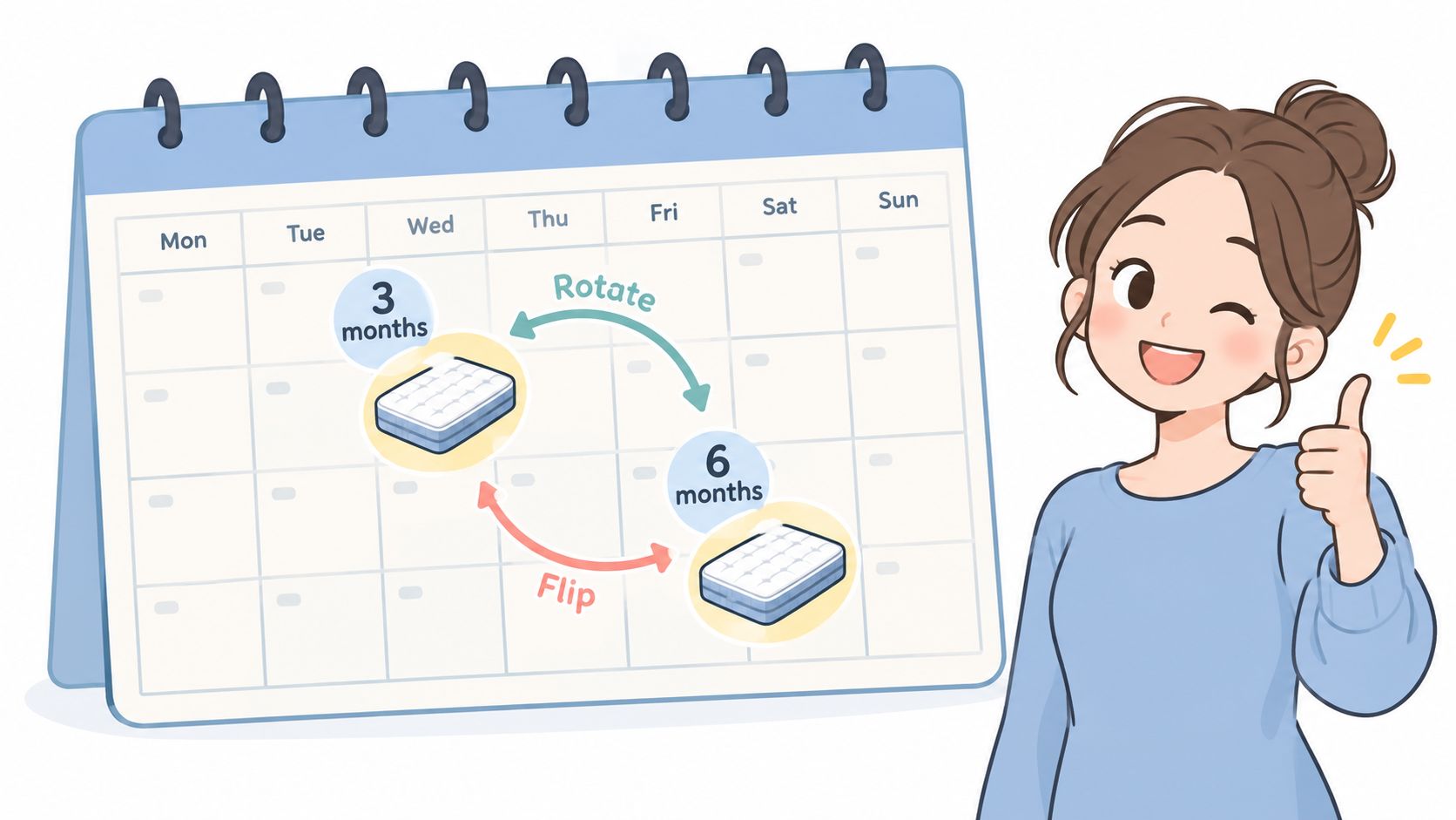 A friendly illustration of a woman showing a calendar schedule to rotate and flip a mattress.