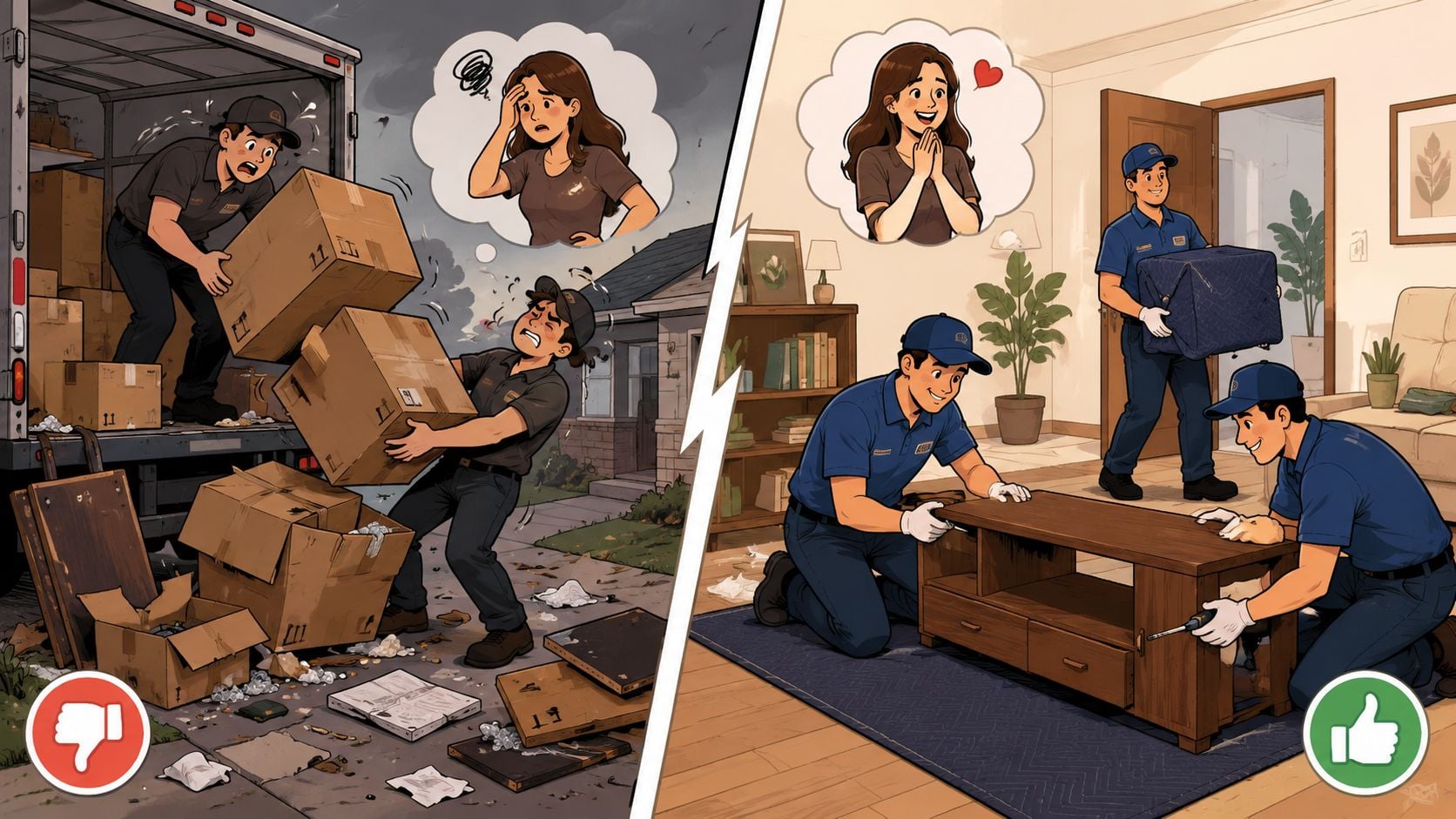 A split image contrasting careless moving services causing damage with professional white glove furniture assembly and delivery.