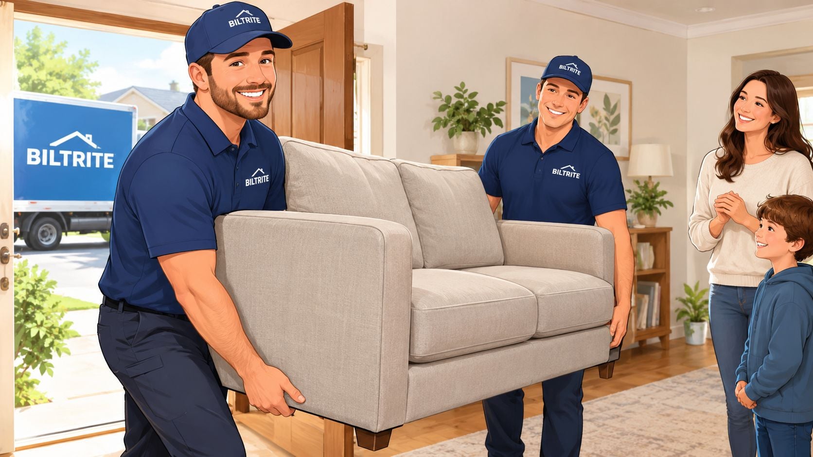 Two friendly professional movers in blue uniforms carry a beige sofa into a happy family home.
