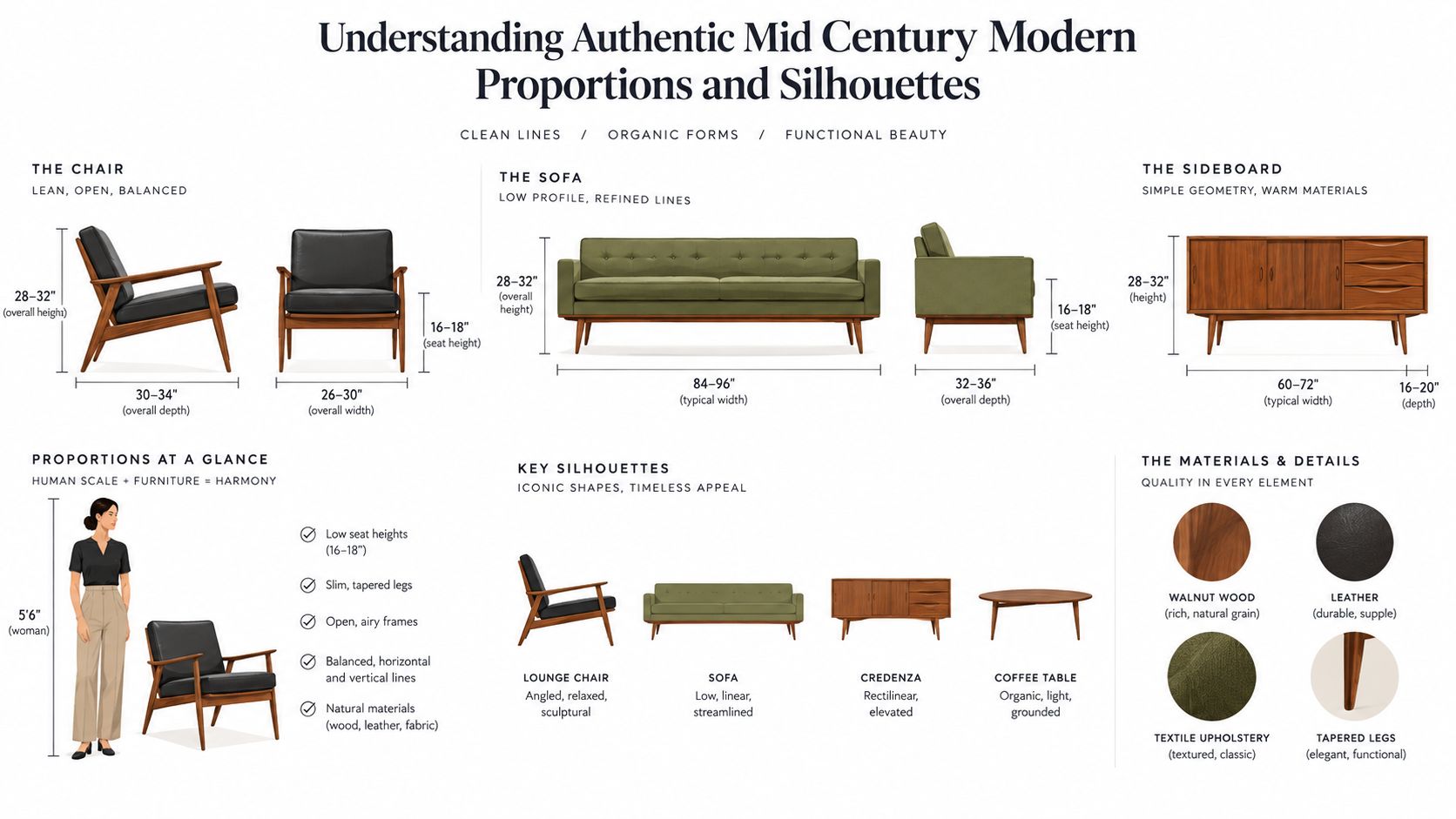 An educational infographic illustrating the dimensions and key design characteristics of authentic mid-century modern furniture pieces.