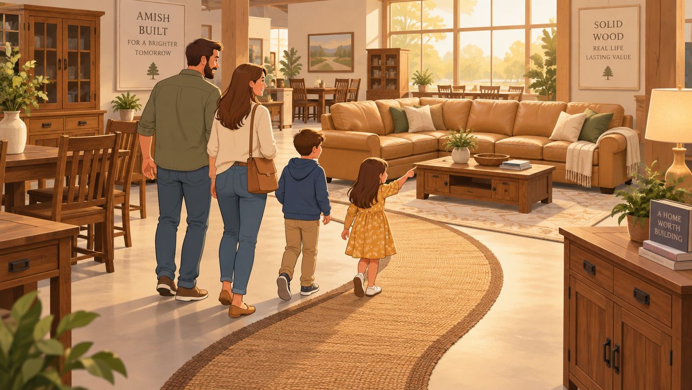 A family walks through a bright furniture showroom filled with wooden tables and leather sofas.