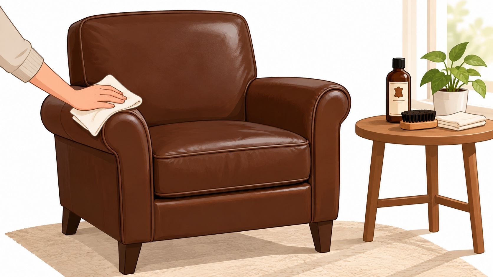 A hand wiping a brown leather armchair with a soft cloth for cleaning and maintenance.
