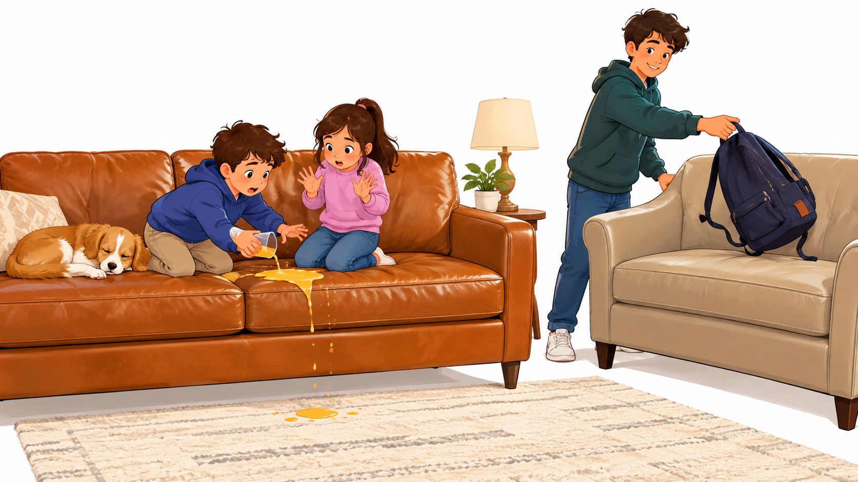 Two children looking shocked as juice spills on a brown leather couch near a sleeping dog.