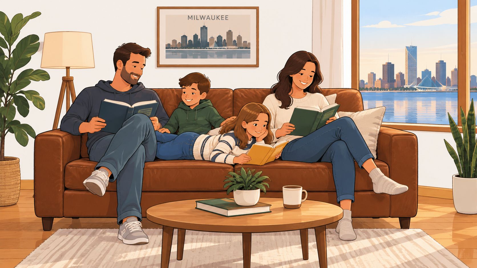 A happy family of four reading books together while relaxing on a brown leather sofa at home.