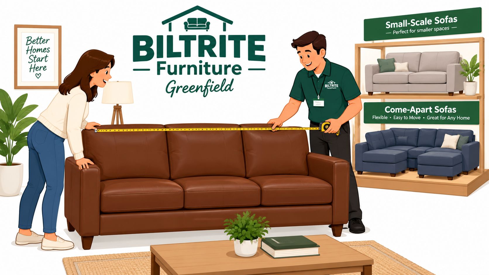 A customer and a salesperson measure a brown leather sofa in a Biltrite Furniture store showroom.