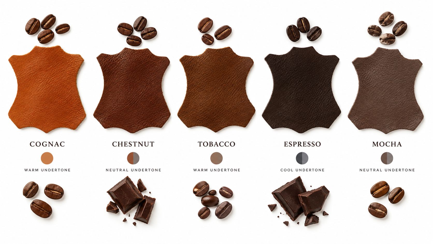 A leather color chart showing five brown shades including cognac, chestnut, tobacco, espresso, and mocha with beans.
