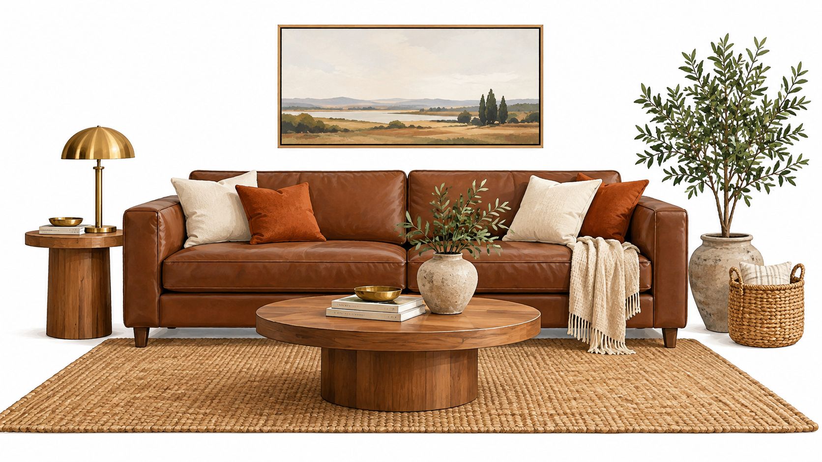 A modern living room scene featuring a brown leather sofa, coffee table, and natural decor elements.
