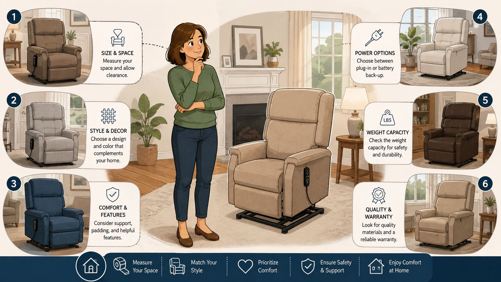 A helpful infographic illustrating six key considerations for selecting the perfect lift chair for your home.