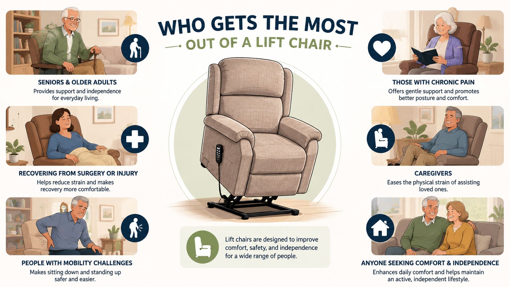 An infographic illustrating the various groups of people who benefit from using a supportive power lift chair.