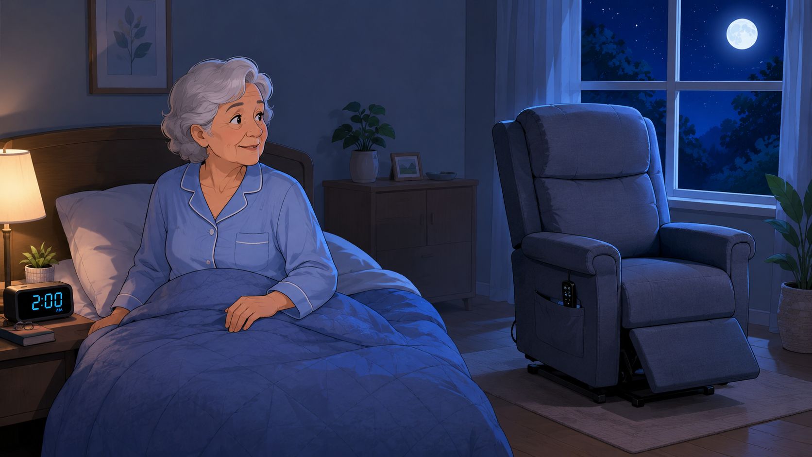 An elderly woman waking up at night next to a blue power lift recliner chair.