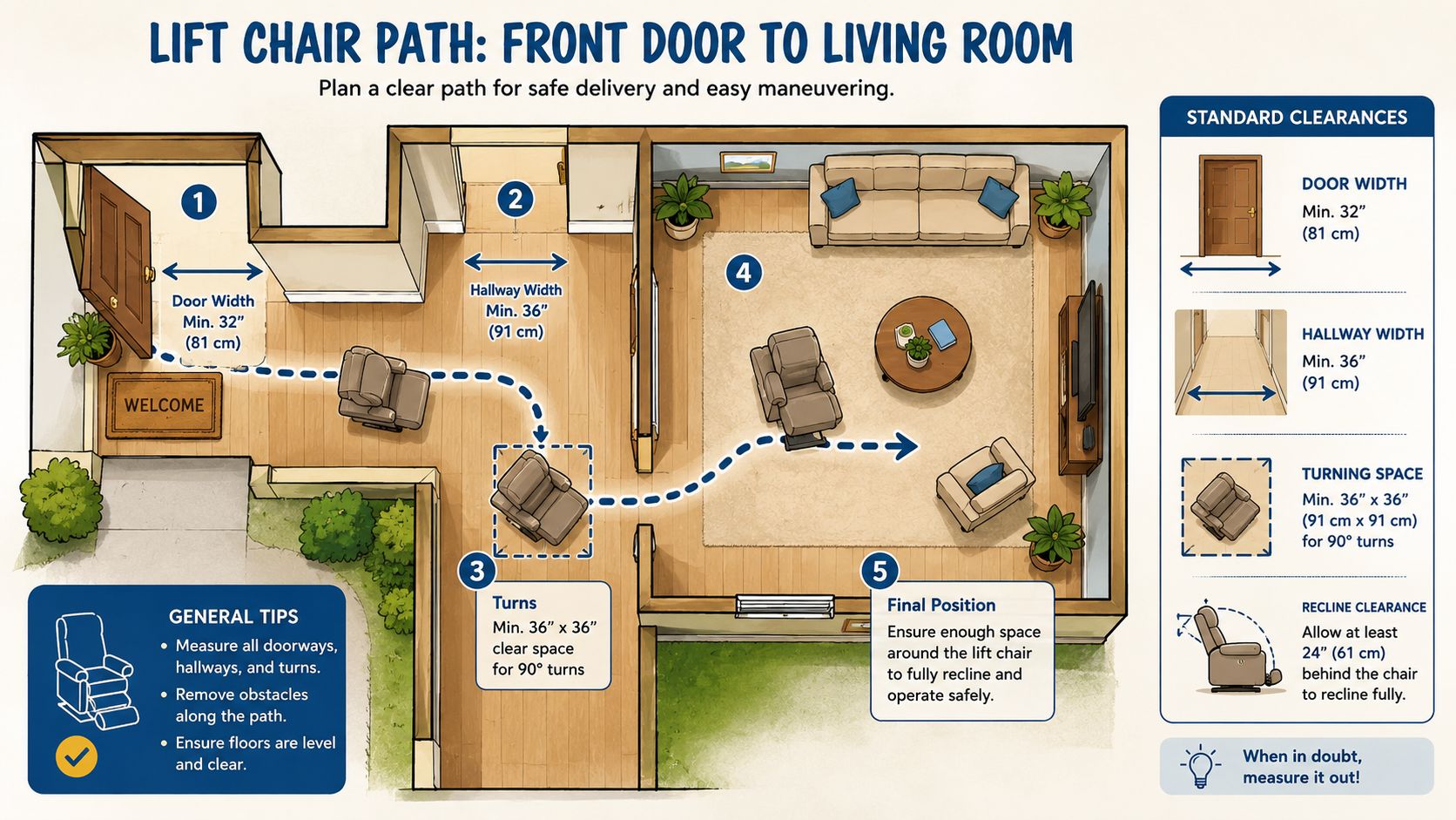 A diagram illustrating the necessary path and clearance measurements for delivering a lift chair into a home.
