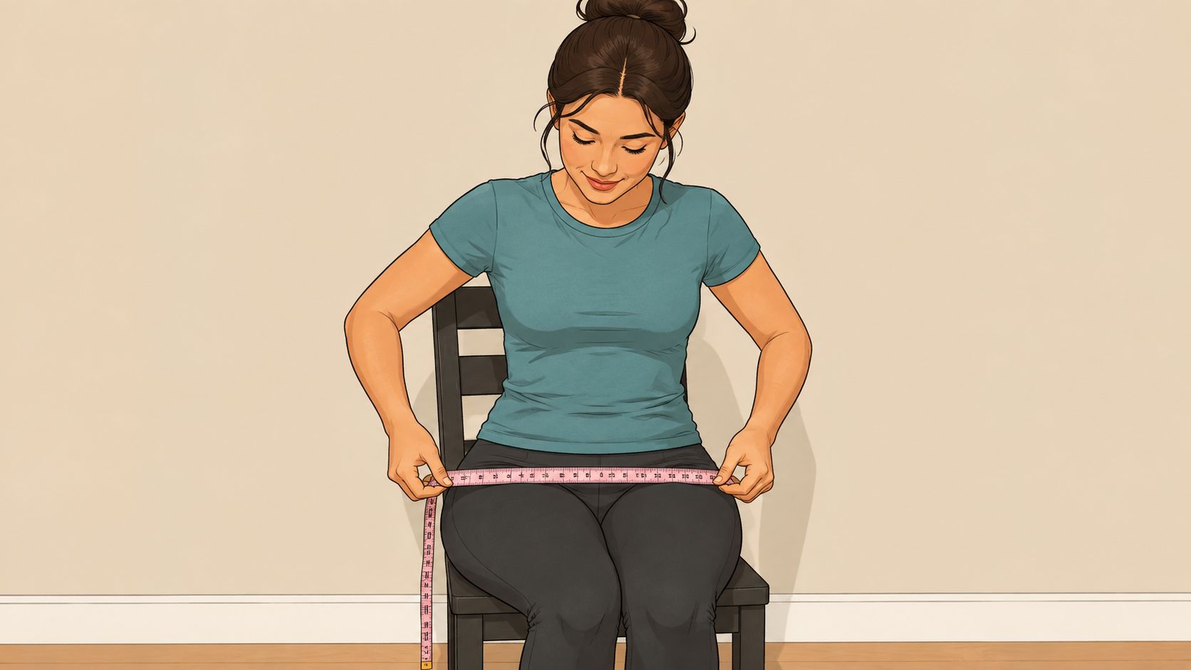A woman sitting on a chair measuring her hip circumference with a pink fabric measuring tape.