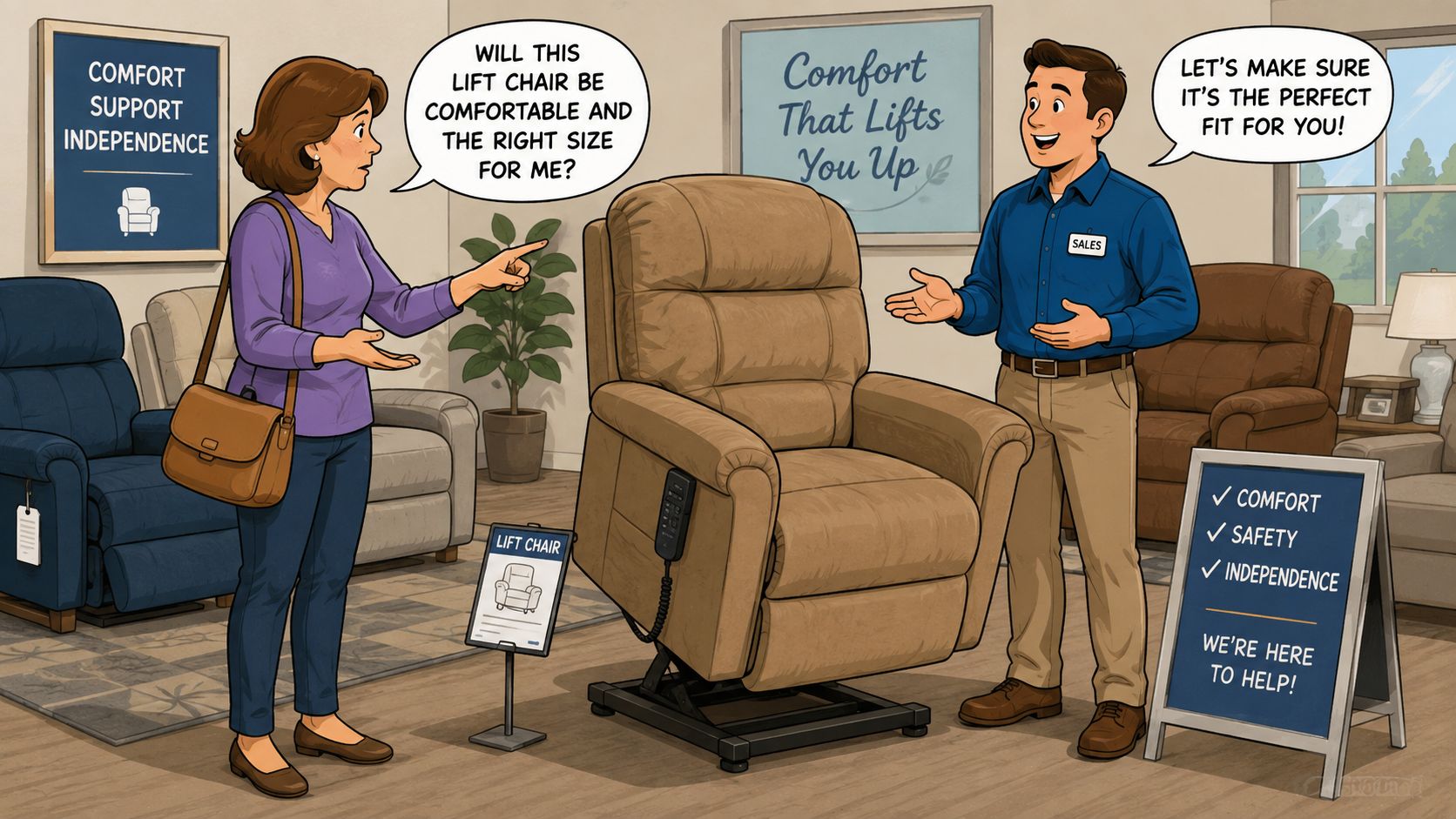 A salesperson helps a female customer select a comfortable and well-fitting lift chair in a store.