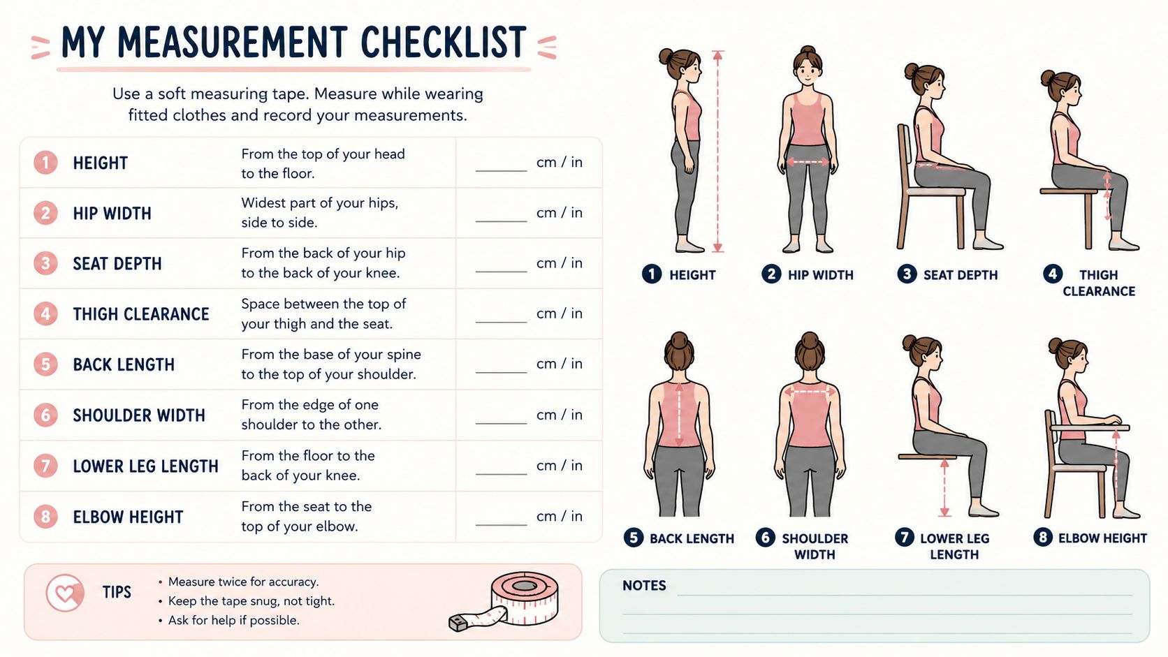 A measurement checklist infographic illustrating how to take body measurements for ergonomic furniture with step-by-step guidance.